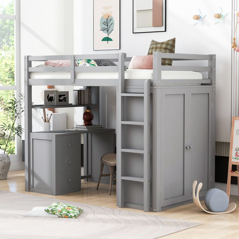 Twin Size Loft Bed With Drawers, Desk, And Wardrobe - Gray