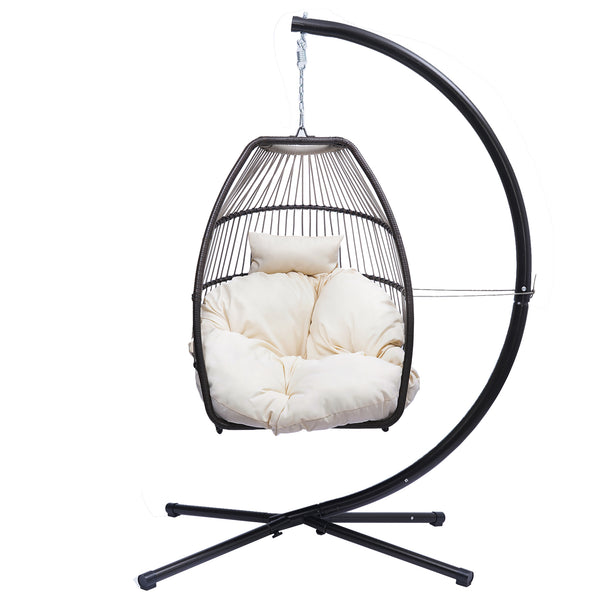 Outdoor Patio Wicker Folding Hanging Chair,Rattan Swing Hammock Egg Chair With C Type Bracket , With Cushion And Pillow - Atlantic Fine Furniture Inc