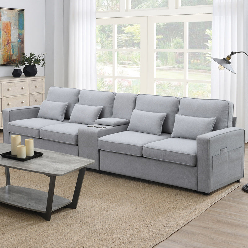 114.2" Upholstered Sofa With Console, 2 Cupholders And 2 Usb Ports Wired Or Wirelessly Charged, Modern Linen Fabric Couches With 4 Pillows For Apartment (4-Seat)