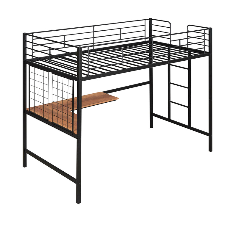 Twin Metal Loft Bed With Desk And Metal Grid, Black