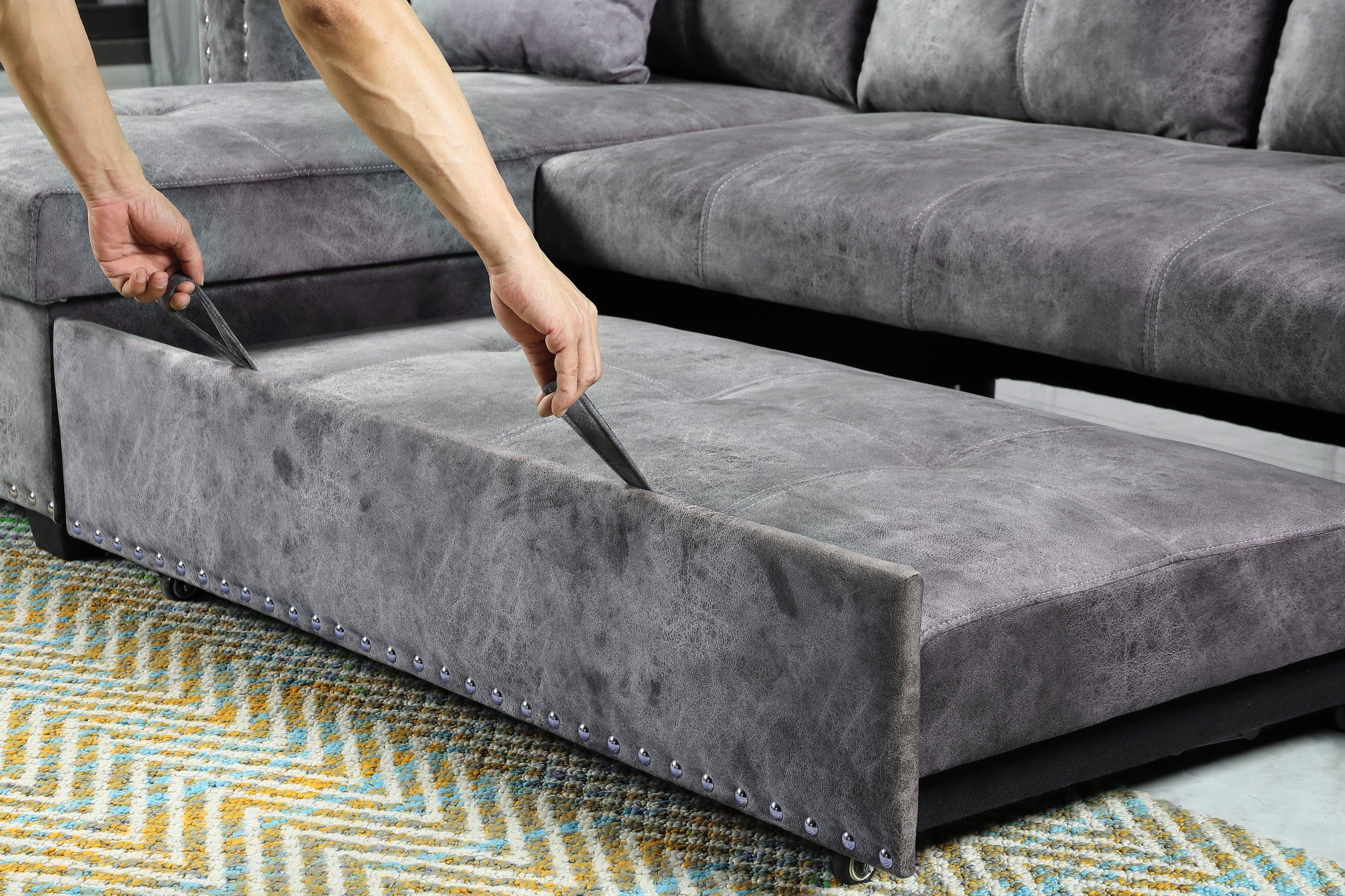 Reversible Sleeper Sectional Storage Sofa Bed,Corner Sofa-Bed With Storage,3 Seat Both Left Handed And Right Handed, Nailheaded - Atlantic Fine Furniture Inc