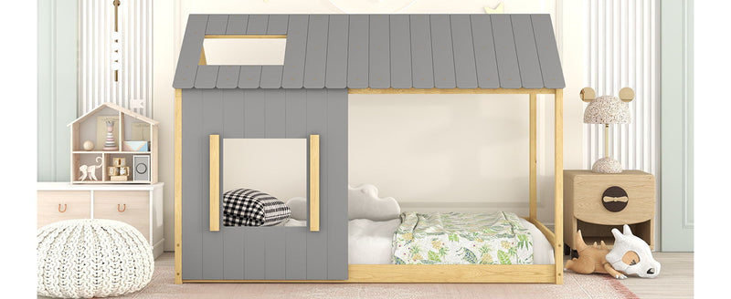 Twin Size House Bed With Roof And Window - Gray / Natural