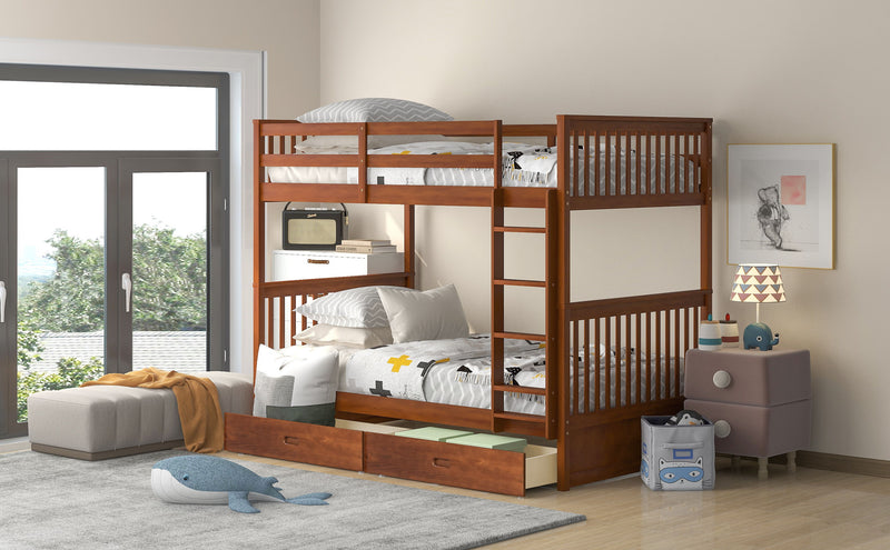 Twin-Over-Twin Bunk Bed With Ladders And Two Storage Drawers (Walnut)