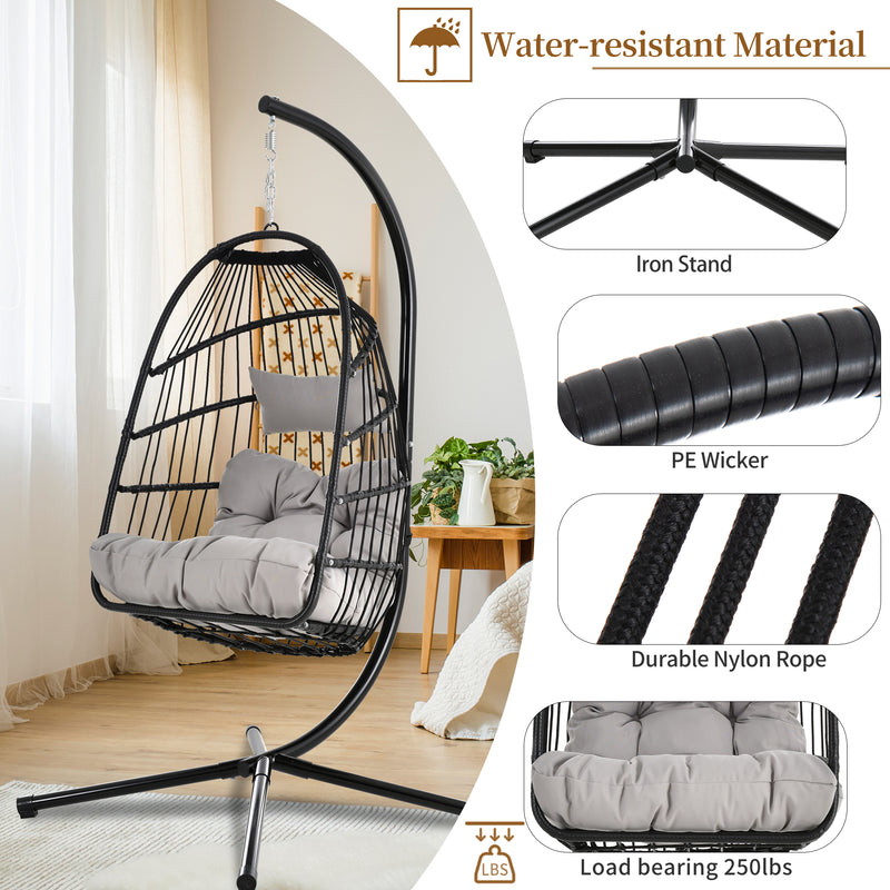 TOPMAX Patio Foldable Swing Chair Porch PE Wicker Egg Hanging Chair Hammock Chair w/Stand and Cushion for Outdoor Balcony Indoor Bedroom, Gray - Atlantic Fine Furniture Inc