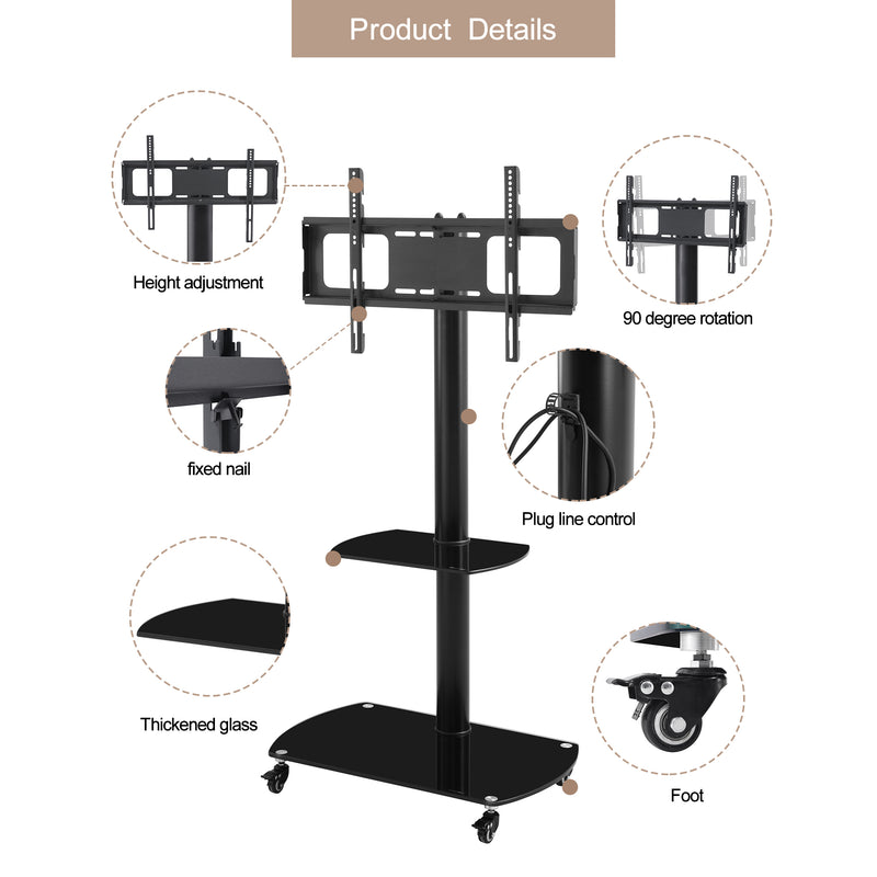 Height and Angle Adjustable Multi-Function Tempered Glass Metal Frame Floor With Lockable Wheels Mobile TV Stand, LCD/Plasma TV bracket  2 Tier Tempered Glass Shelves For Multiple Media Devices - Atlantic Fine Furniture Inc