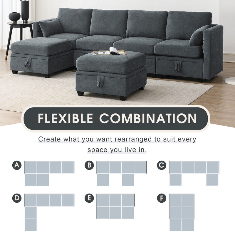 109*54.7" Chenille Modular Sectional Sofa, U Shaped Couch With Adjustable Armrests And Backrests, 6 Seat Reversible Sofa Bed With Storage Seats For Living Room, Apartment