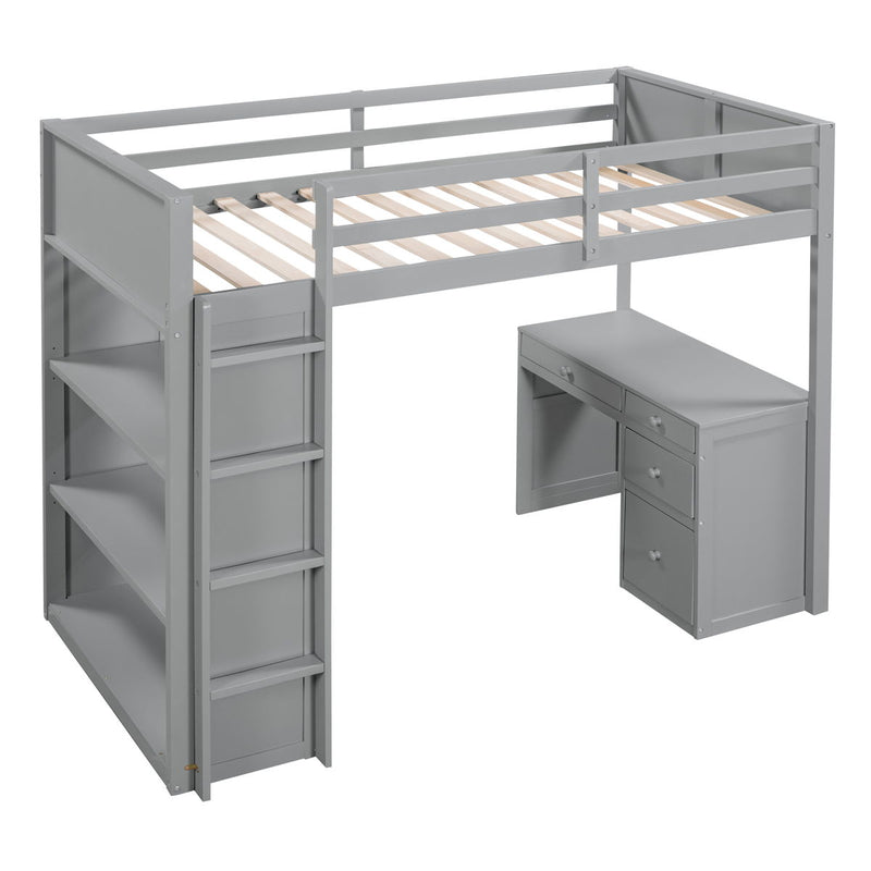 Twin Size Loft Bed With Ladder, Shelves, And Desk, Gray