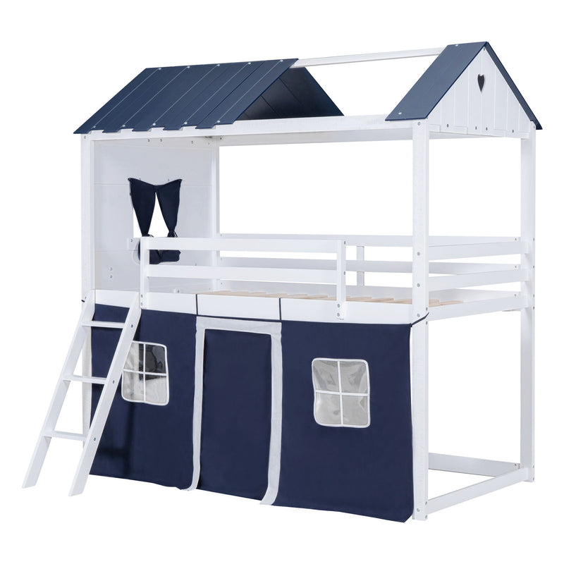 Twin Size Bunk Wood House Bed With Elegant Windows, Sills And Tent, Blue / White