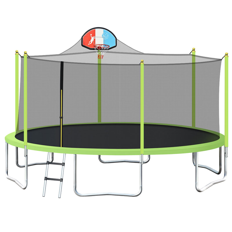 16FT Trampoline For Kids With Safety Enclosure Net - Basketball Hoop And Ladder - Easy Assembly Round Outdoor Recreational Trampoline