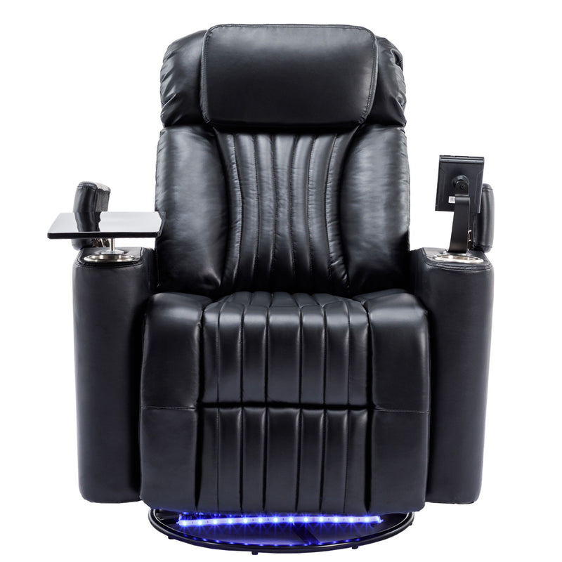 270° Power Swivel Recliner, Home Theater Seating With Hidden Arm Storage And Led Light Strip, Cup Holder, 360° Swivel Tray Table, And Cell Phone Holder, Soft Living Room Chair, Black