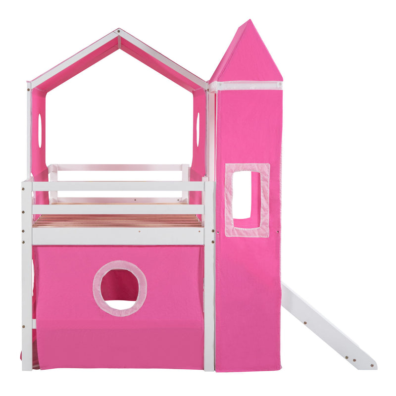 Twin Size Bunk Bed With Slide Tent And Tower - Pink