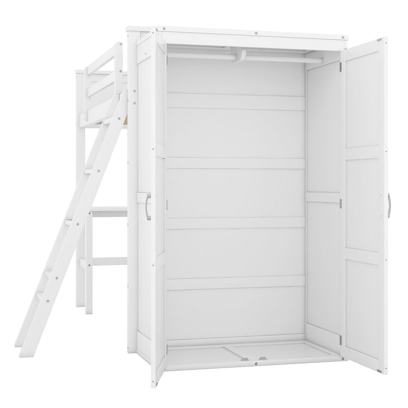Twin Size Loft Bed With Desk, Shelves And Wardrobe - White