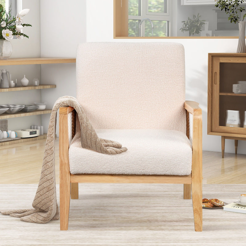 Mid-Century Armchair Rattan Mesh Upholstered Accent Chair, Teddy Short Plush Particle Velvet Armchair For Living Room, Bedroom, Office, Studio, White