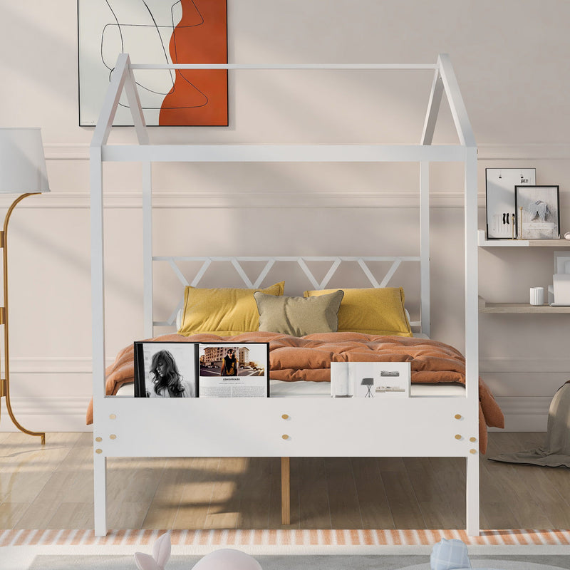 Full Size Wood House Bed With Storage Space, White