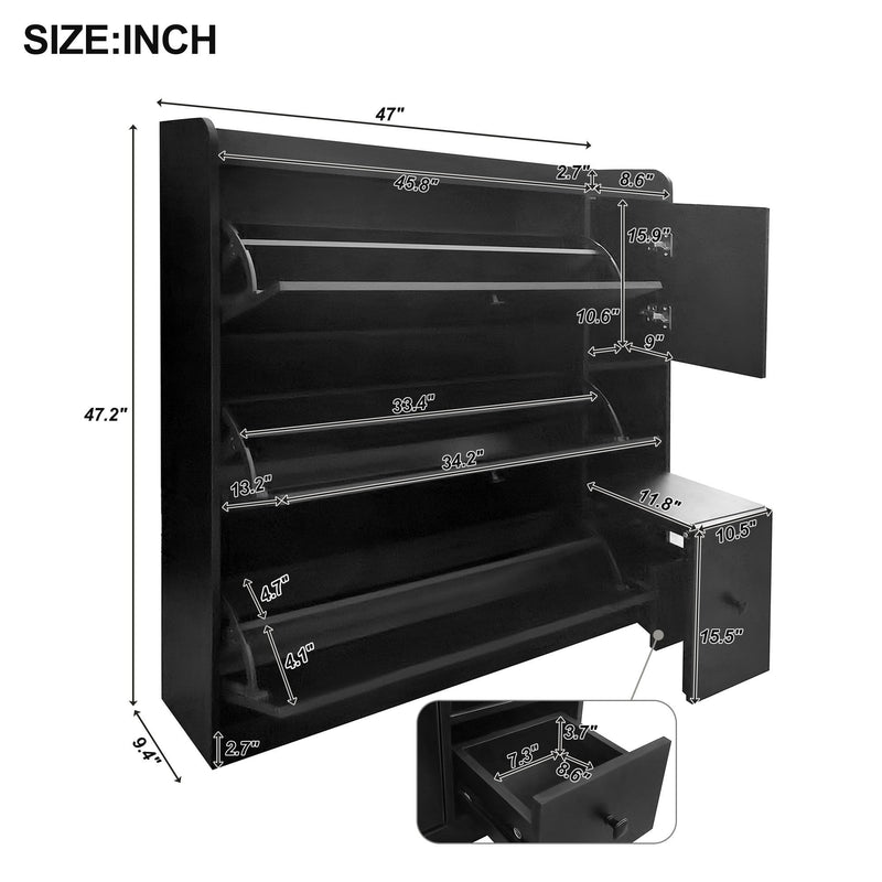 On-Trend Versatile Shoe Cabinet With 3 Flip Drawers, Maximum Storage Entryway Organizer With Drawer, Free Standing Shoe Rack With Pull-Down Seat For Hallway, Black