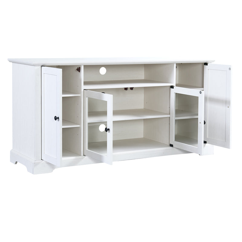 U-Can TV Stand for TV up to 65in with 2 Tempered Glass Doors Adjustable Panels Open Style Cabinet, Sideboard for Living room, White