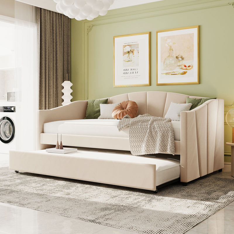 Upholstered Daybed Sofa Bed Twin Size With Trundle Bed And Wood Slat - Beige