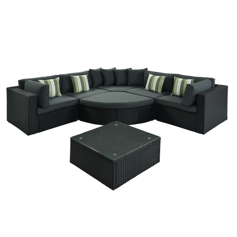 Go 7 Piece Outdoor Wicker Sofa Set, Rattan Sofa Lounger, With Striped Green Pillows, Conversation Sofa, For Patio, Garden, Deck, Black Wicker, Gray Cushion