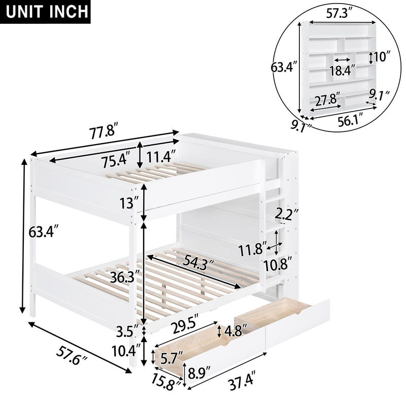 Full Over Full Bunk Bed With 2 Drawers And Multi-Layer Cabinet, White