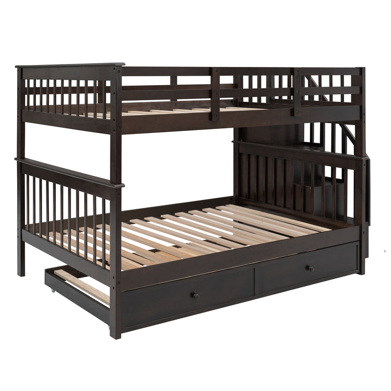 Stairway Full Over Full Bunk Bed With Twin Size Trundle, Storage And Guard Rail For Bedroom, Dorm Espresso