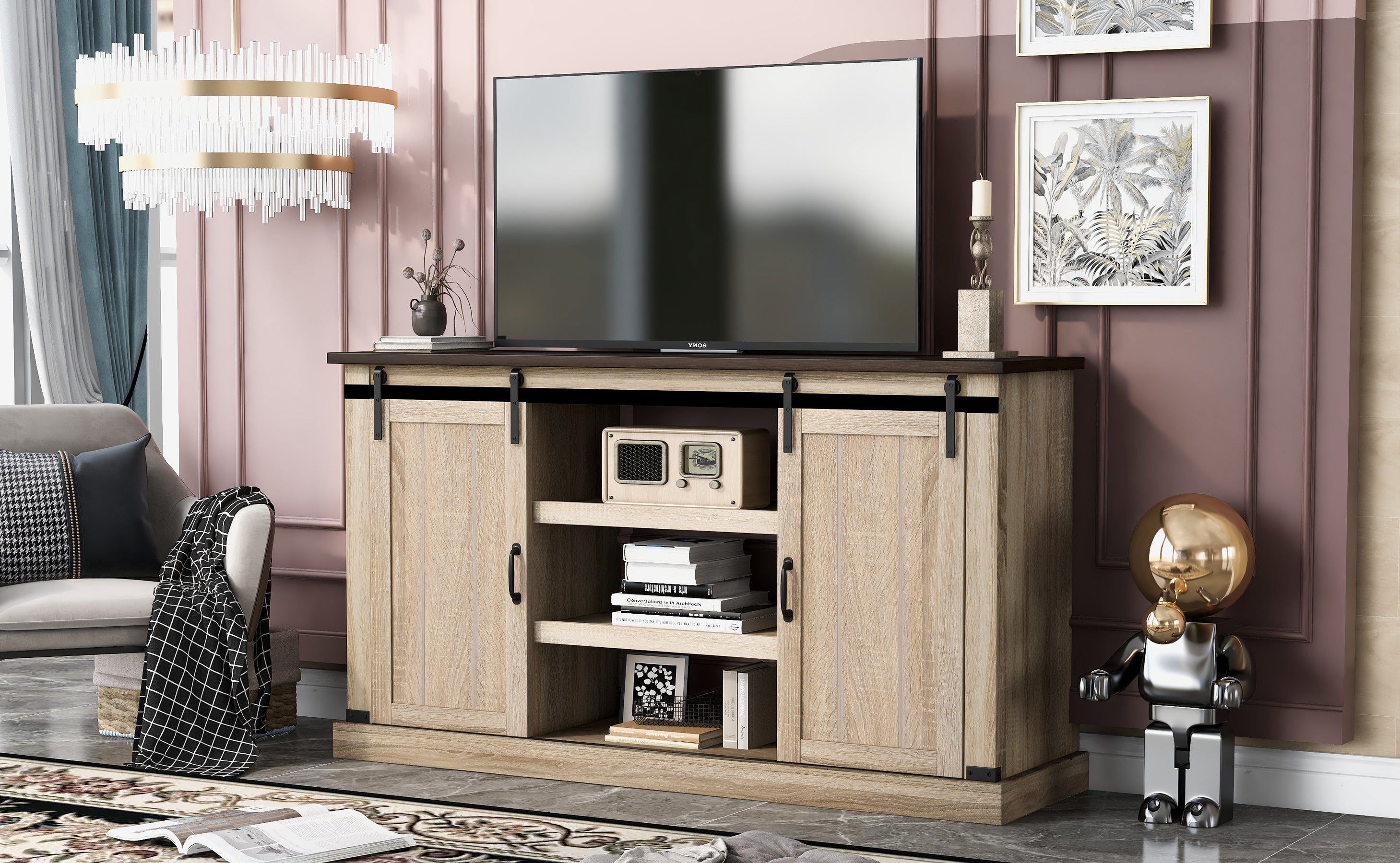 U-Can TV Stand with 2 Adjustable Panels Open Style Cabinet, Sideboard for Living room, Walnut - Atlantic Fine Furniture Inc