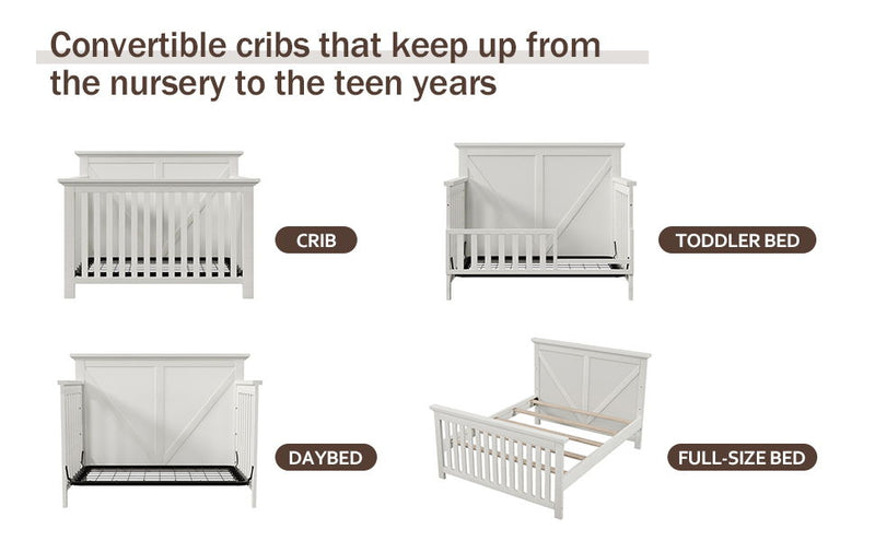 Rustic Farmhouse Style 4-In-1 Convertible Baby Crib - Converts To Toddler Bed, Daybed And Full-Size Bed, White