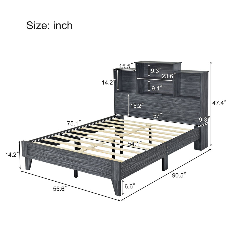 Full Size Storage Platform Bed Frame With 4 Open Storage Shelves And USB Charging Design, Gray