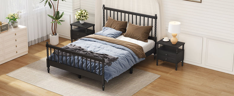 Queen Size Wood Platform Bed With Gourd Shaped Headboard And Footboard, Black