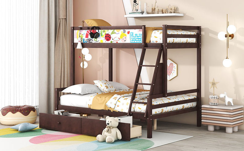 Wood Twin Over Full Bunk Bed With Whiteboard, 3 Hooks And 2 Drawers, Espresso