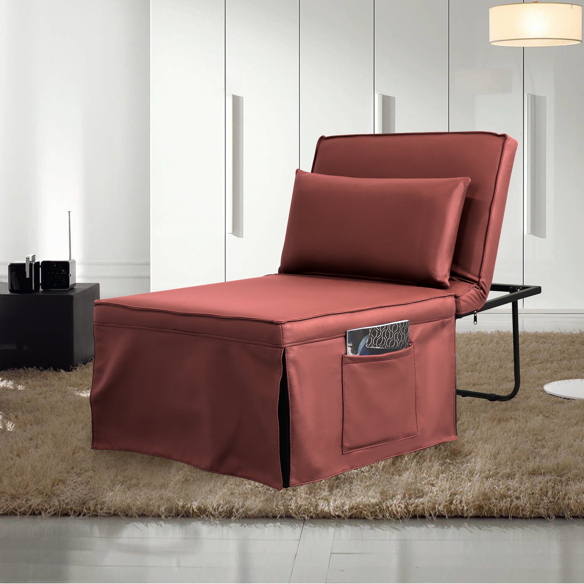 Sofa Bed 4 in 1 Ottoman Sleeper Bed Convertible Chair Bed with Adjustable Back Breathable Sleeper Guest Bed for Small Room, Orange Red - Atlantic Fine Furniture Inc