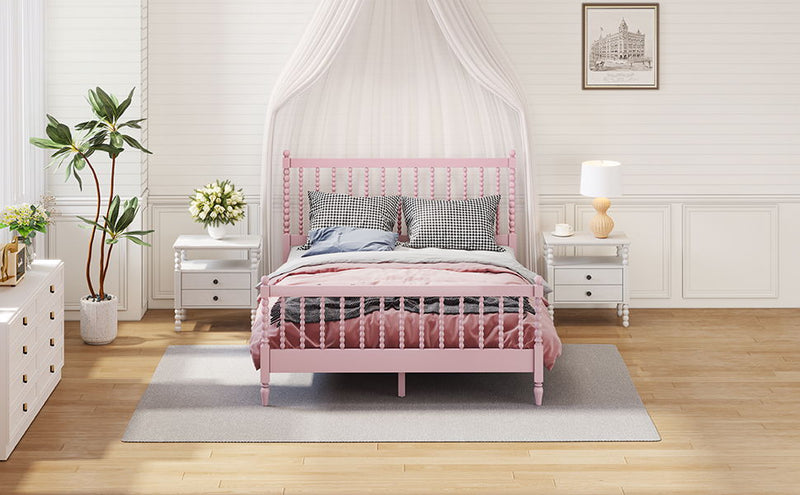 Queen Size Wood Platform Bed With Gourd Shaped Headboard And Footboard, Pink