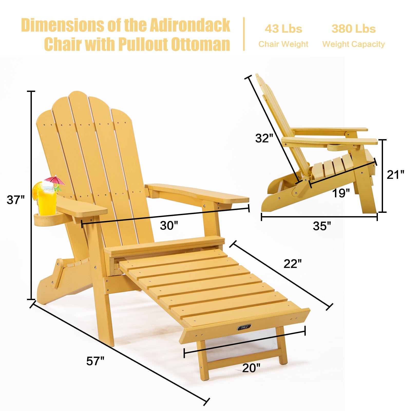 TALE Folding Adirondack Chair with Pullout Ottoman with Cup Holder, Oversized, Poly Lumber,  for Patio Deck Garden, Backyard Furniture, Easy to Install,YELLOW. Banned from selling on Amazon - Atlantic Fine Furniture Inc