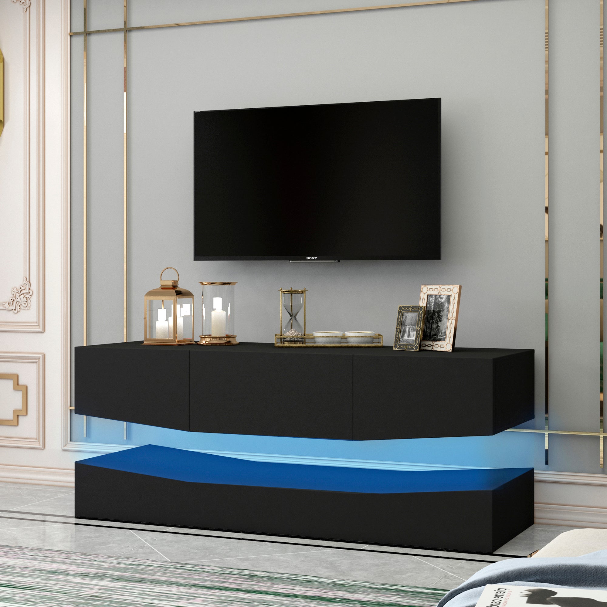 LED TV Stand for 55 inch TV, Modern Entertainment Center with LED Lights, TV & Media Furniture Console for Under TV Living Game Room Bedroom,Black - Atlantic Fine Furniture Inc