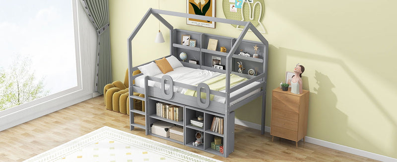 Twin Size House Loft Bed With Multiple Storage Shelves, Gray