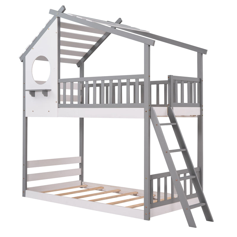 Twin Over Twin Bunk Bed Wood Bed With Roof, Window, Ladder - (Gray)