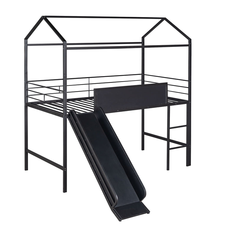 Metal House Bed With Slide, Twin Size Metal Loft Bed With Two - Sided Writable Wooden Board (Black )