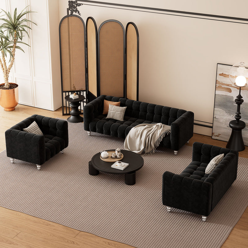 Modern 3 Piece Sofa Set With Solid Wood Legs, Buttoned Tufted Backrest, Dutch Fleece Upholstered Sofa Set Including Three-Seater Sofa, Double Seat And Living Room Furniture Set Single Chair, Black