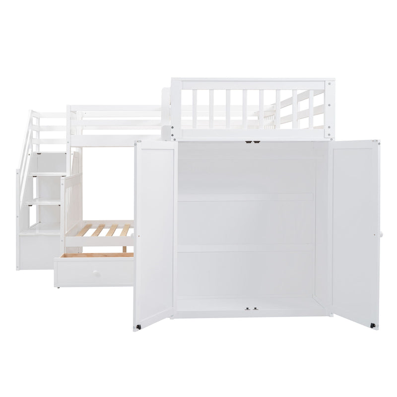 Twin-Twin Over Full L-Shaped Bunk Bed With 3 Drawers, Portable Desk And Wardrobe, White