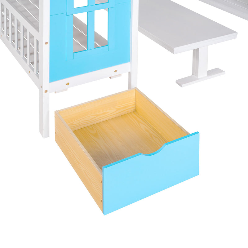 Full-Over-Full Bunk Bed With Changeable Table, Bunk Bed Turn Into Upper Bed And Down Desk - Blue