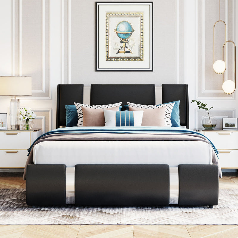 Full Size Upholstered Faux Leather Platform Bed With A Hydraulic Storage System, Black