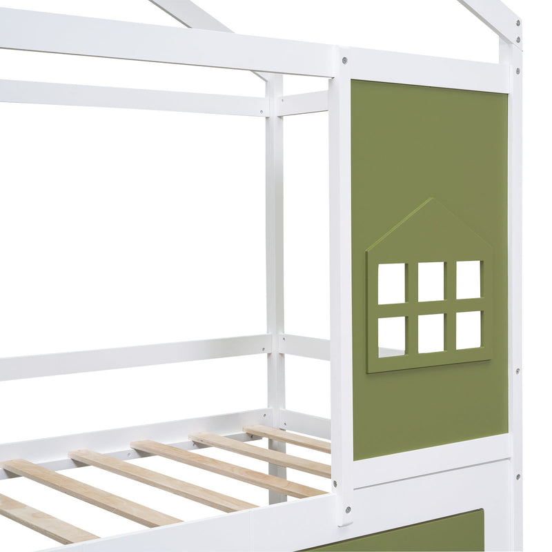 Twin Size Wood House Bed With 2 Drawers And Window Decoration, White / Olive Green
