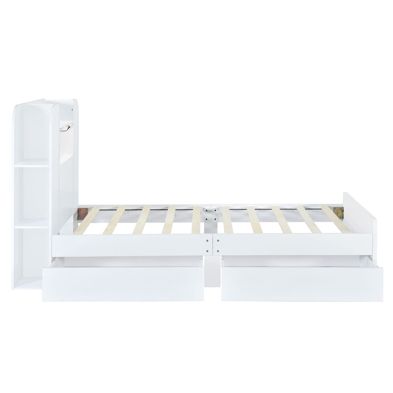 Twin Size Storage Platform Bed Frame With With Two Drawers And Light Strip Design In Headboard, White