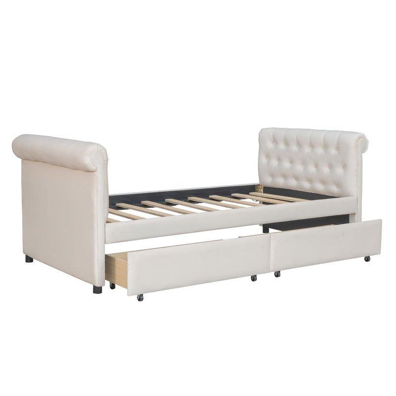 Twin Size Upholstered Daybed, Drawers, Wood Slat Support - Beige
