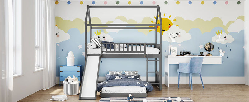 Twin Over Twin Bunk Bed With Slide, House Bed With Slide - Gray