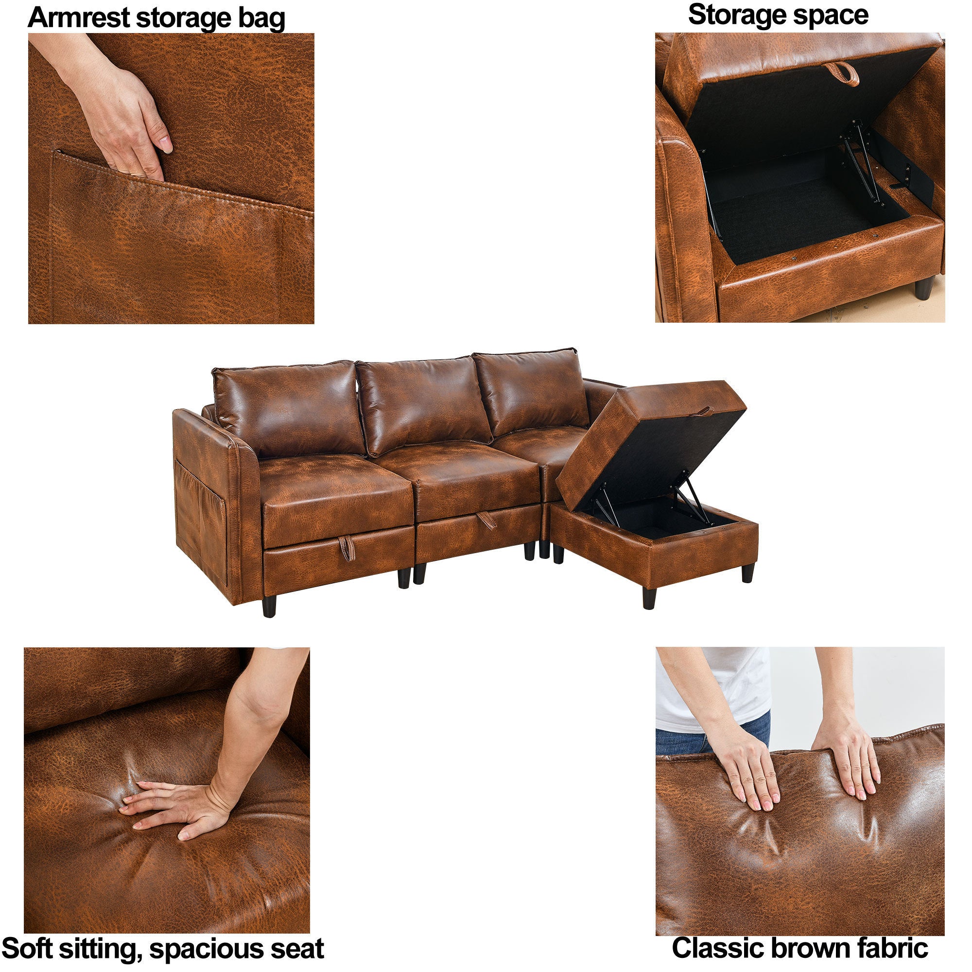 Welike Modular combination sofa L&U type convertible sofa with reversible upholstered storage seat with sleeper sofa brown tech cloth - Atlantic Fine Furniture Inc