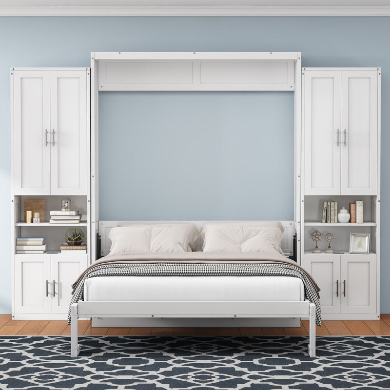 Full Size Murphy Bed With 2 Side Cabinet Storage Shelves, Cabinet Bed Folding Wall Bed With Desk Combo Perfect For Guest Room, Study, Office, White