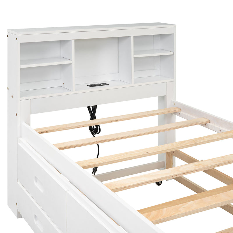 Twin Size Platform Bed With Storage Headboard, USB, Twin Size Trundle And 3 Drawers, White
