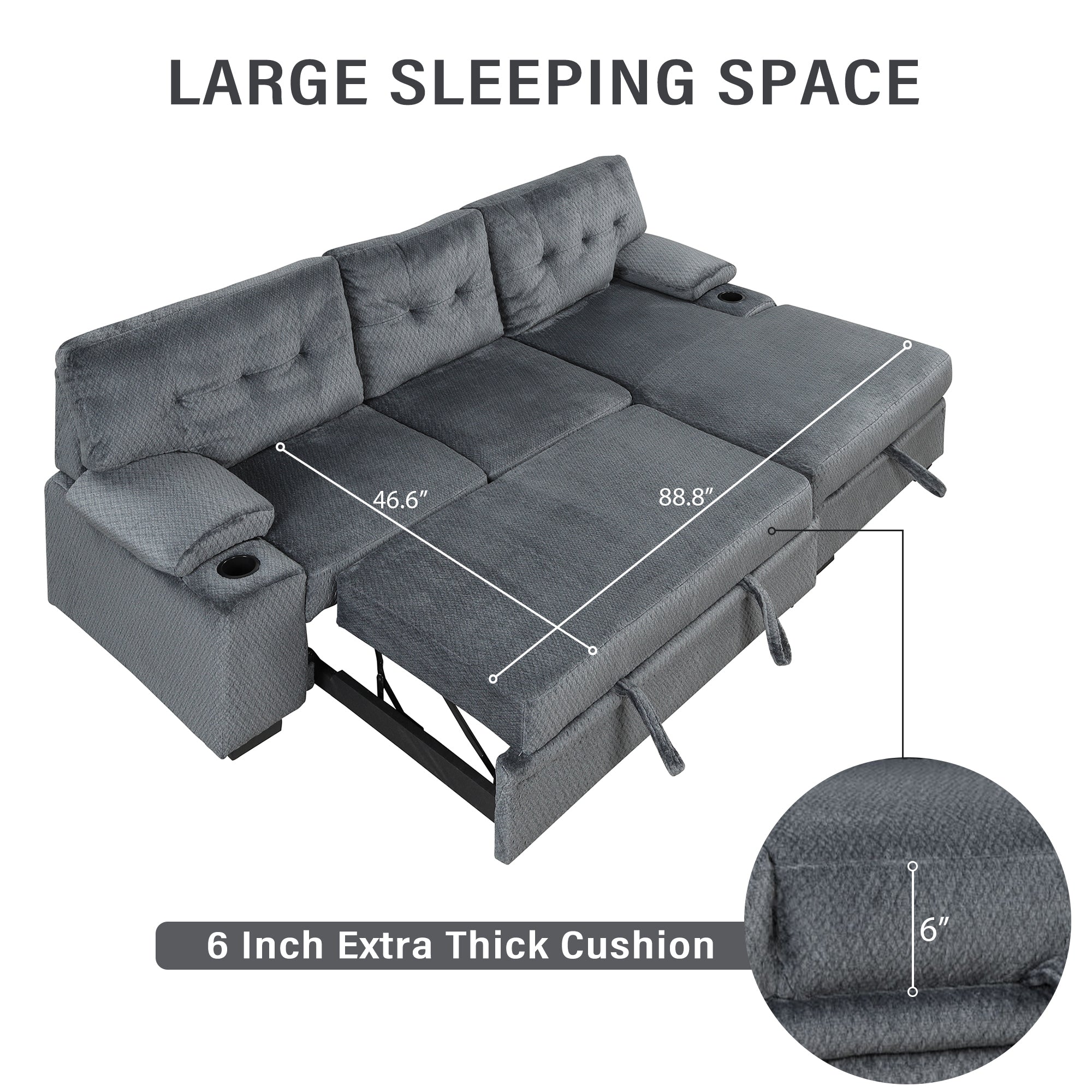 Orisfur. Modern Padded Upholstered  Sofa Bed Sleeper Sectional Sofa with Storage Chaise and Cup Holder for Living Room Furniture Set - Atlantic Fine Furniture Inc