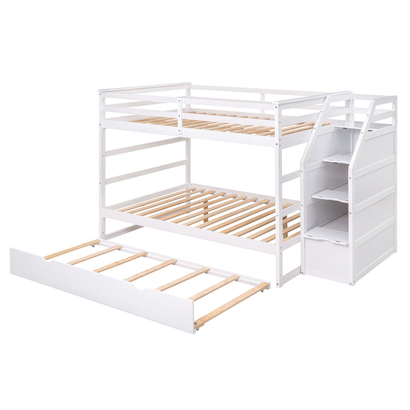 Full-Over-Full Bunk Bed With Twin Size Trundle And 3 Storage Stairs, White
