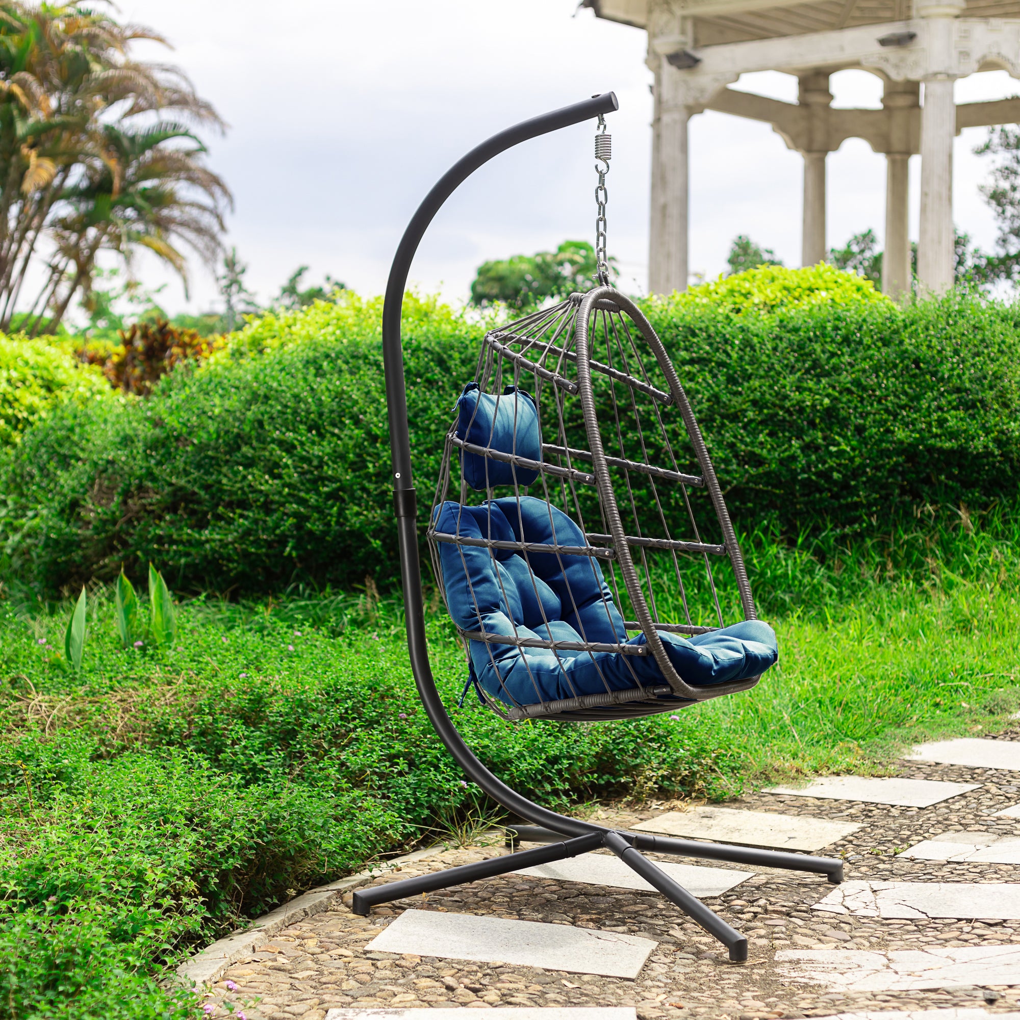 Indoor outdoor patio Wicker Hanging Chair Swing Chair Patio Egg Chair UV Resistant Blue cushion Aluminum frame - Atlantic Fine Furniture Inc